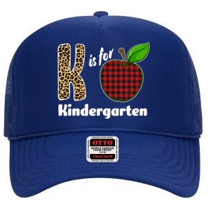 K Is For Kindergarten Teacher Leopard Buffalo Plaid High Crown Mesh Back Trucker Hat