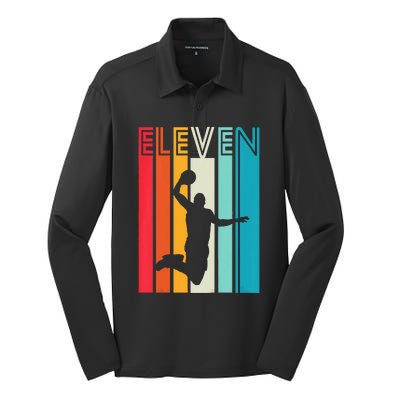 Kids 11th Birthday Basketball Lover Gift 11 Years Old Retro Silk Touch Performance Long Sleeve Polo