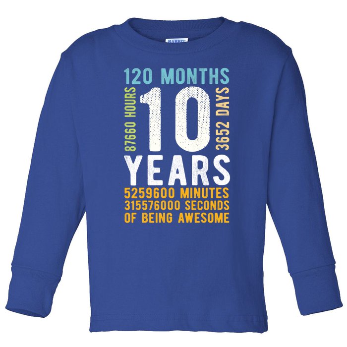 10th Birthday Gift 10 Years Old Vintage Retro 120 Months Toddler Long Sleeve Shirt