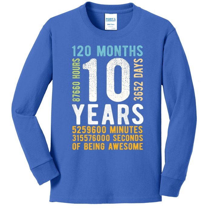 10th Birthday Gift 10 Years Old Vintage Retro 120 Months Kids Long Sleeve Shirt