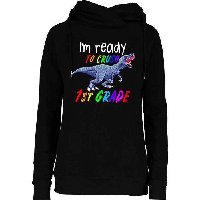 Kids 1st Day Of School Crush 1st Grade Trex Dinosaur Gift Kids Womens Funnel Neck Pullover Hood