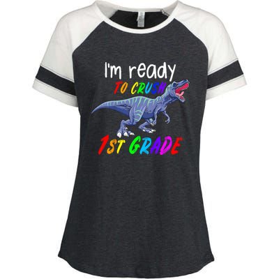 Kids 1st Day Of School Crush 1st Grade Trex Dinosaur Gift Kids Enza Ladies Jersey Colorblock Tee