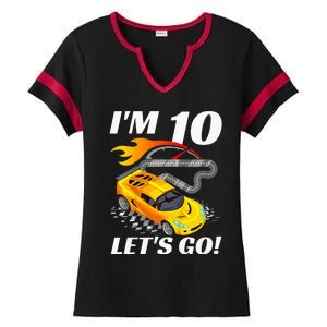 Kids 10 Year Old 10th Racing Racecar Birthday Party Ladies Halftime Notch Neck Tee