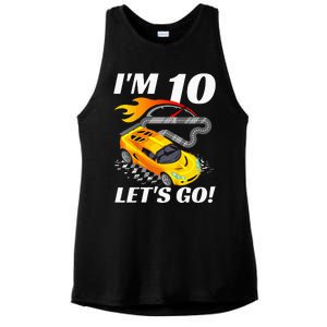 Kids 10 Year Old 10th Racing Racecar Birthday Party Ladies PosiCharge Tri-Blend Wicking Tank