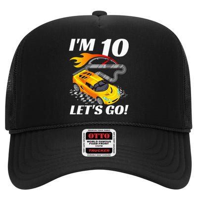 Kids 10 Year Old 10th Racing Racecar Birthday Party High Crown Mesh Back Trucker Hat