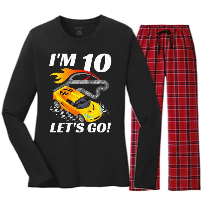 Kids 10 Year Old 10th Racing Racecar Birthday Party Women's Long Sleeve Flannel Pajama Set 