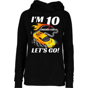 Kids 10 Year Old 10th Racing Racecar Birthday Party Womens Funnel Neck Pullover Hood