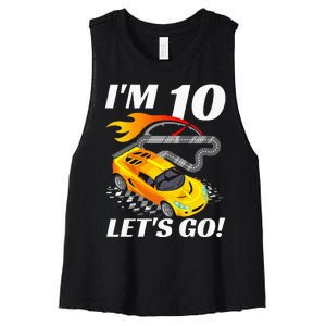 Kids 10 Year Old 10th Racing Racecar Birthday Party Women's Racerback Cropped Tank