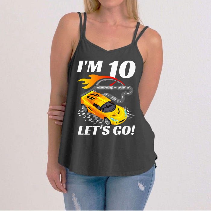 Kids 10 Year Old 10th Racing Racecar Birthday Party Women's Strappy Tank