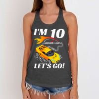 Kids 10 Year Old 10th Racing Racecar Birthday Party Women's Knotted Racerback Tank