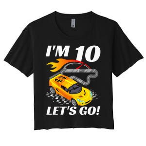 Kids 10 Year Old 10th Racing Racecar Birthday Party Women's Crop Top Tee