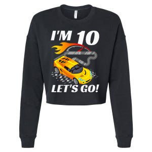 Kids 10 Year Old 10th Racing Racecar Birthday Party Cropped Pullover Crew