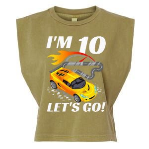 Kids 10 Year Old 10th Racing Racecar Birthday Party Garment-Dyed Women's Muscle Tee