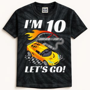 Kids 10 Year Old 10th Racing Racecar Birthday Party Kids Tie-Dye T-Shirt