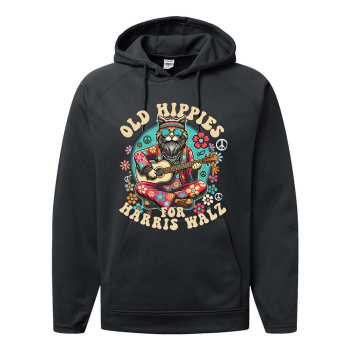 Kamala 2024 Cat Hippie Old Hippies For Harris Waltz 2024 Performance Fleece Hoodie