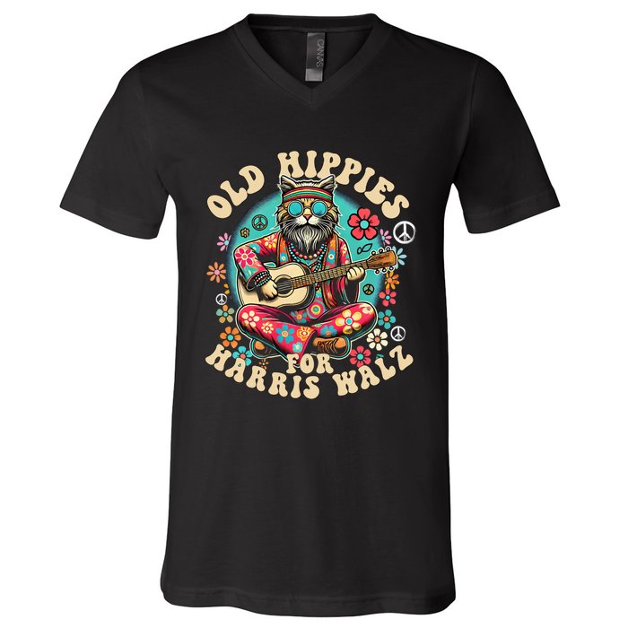 Kamala 2024 Cat Hippie Old Hippies For Harris Waltz 2024 V-Neck T-Shirt