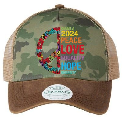 Kamala 2024 Peace Love Equality Hope Diversity Legacy Tie Dye Trucker Hat