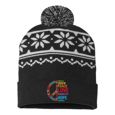 Kamala 2024 Peace Love Equality Hope Diversity USA-Made Snowflake Beanie