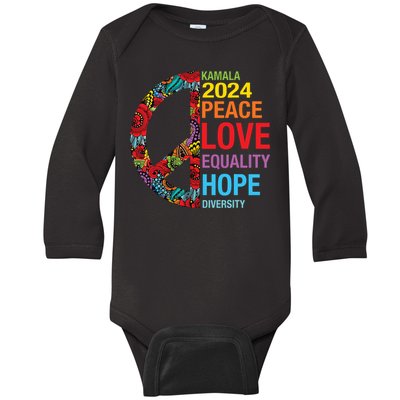 Kamala 2024 Peace Love Equality Hope Diversity Baby Long Sleeve Bodysuit