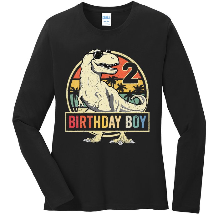 Kids 2 Year Old 2nd Birthday Boy T Rex Dinosaur Ladies Long Sleeve Shirt