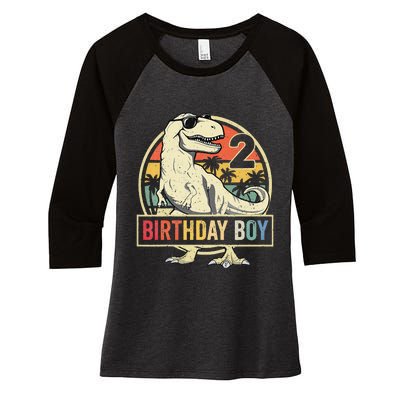 Kids 2 Year Old 2nd Birthday Boy T Rex Dinosaur Women's Tri-Blend 3/4-Sleeve Raglan Shirt