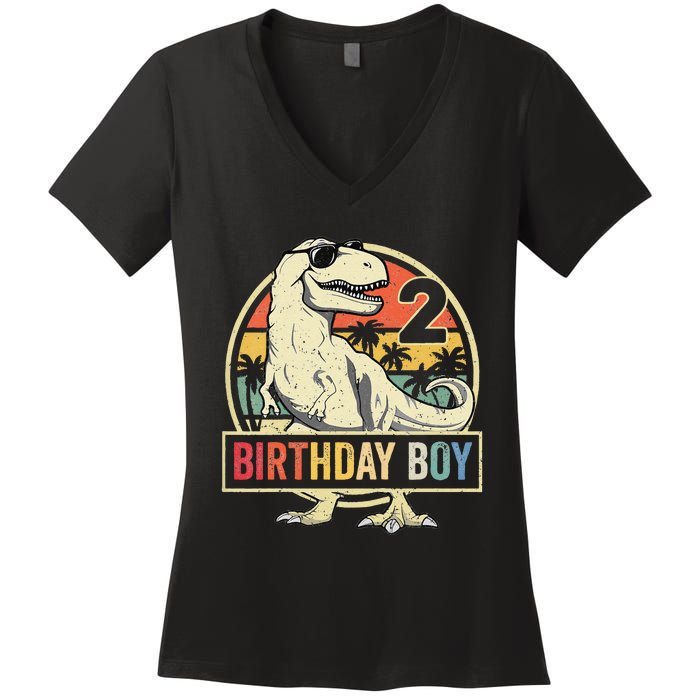 Kids 2 Year Old 2nd Birthday Boy T Rex Dinosaur Women's V-Neck T-Shirt