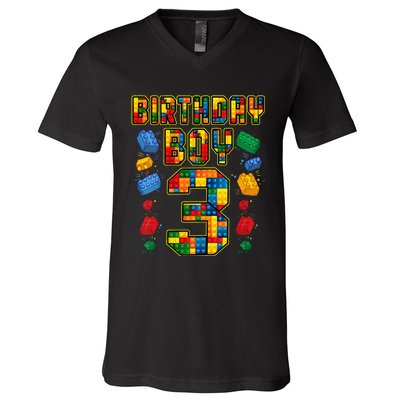 Kids 3rd Birthday Master Builder 3 Years Old Block Building V-Neck T-Shirt