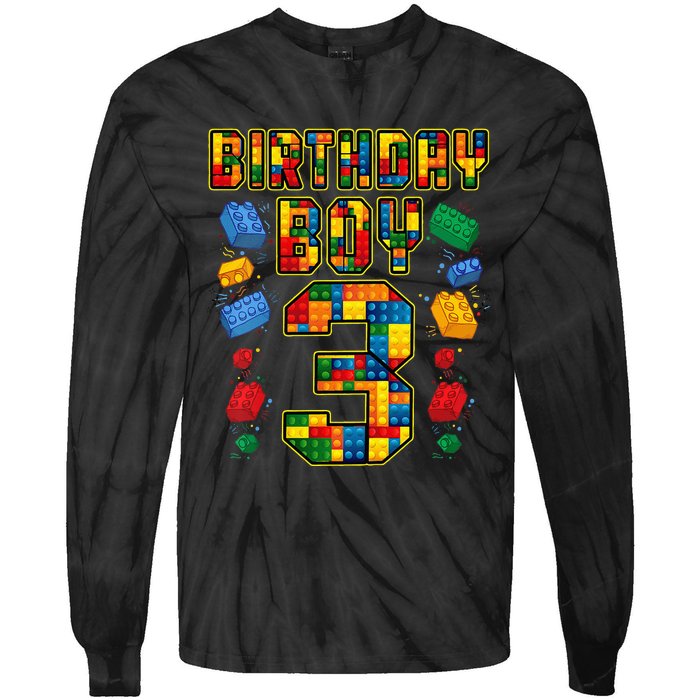 Kids 3rd Birthday Master Builder 3 Years Old Block Building Tie-Dye Long Sleeve Shirt