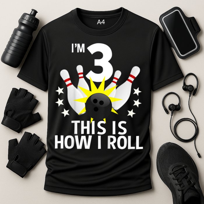 Kids 3 Year Old Bowling Birthday Party How I Roll 3rd Cooling Performance Crew T-Shirt