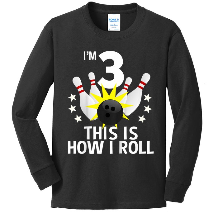 Kids 3 Year Old Bowling Birthday Party How I Roll 3rd Kids Long Sleeve Shirt