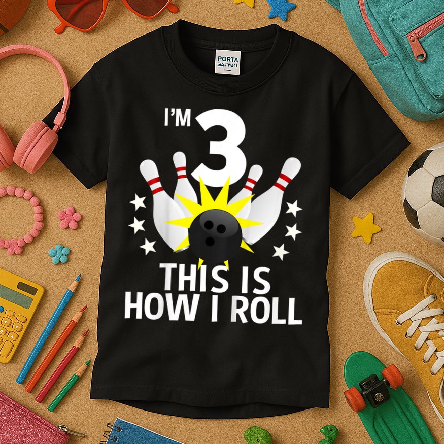 Kids 3 Year Old Bowling Birthday Party How I Roll 3rd Kids T-Shirt