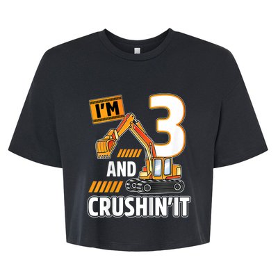 Kids 3 Year Old Vehicles Construction Excavator Birthday 3rd Bella+Canvas Jersey Crop Tee