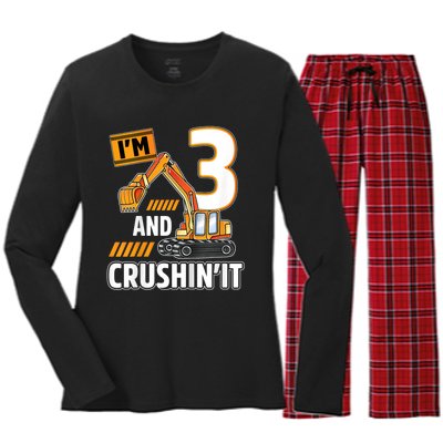 Kids 3 Year Old Vehicles Construction Excavator Birthday 3rd Women's Long Sleeve Flannel Pajama Set 