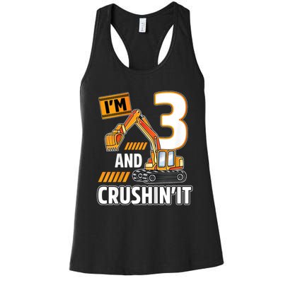 Kids 3 Year Old Vehicles Construction Excavator Birthday 3rd Women's Racerback Tank