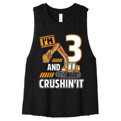 Kids 3 Year Old Vehicles Construction Excavator Birthday 3rd Women's Racerback Cropped Tank