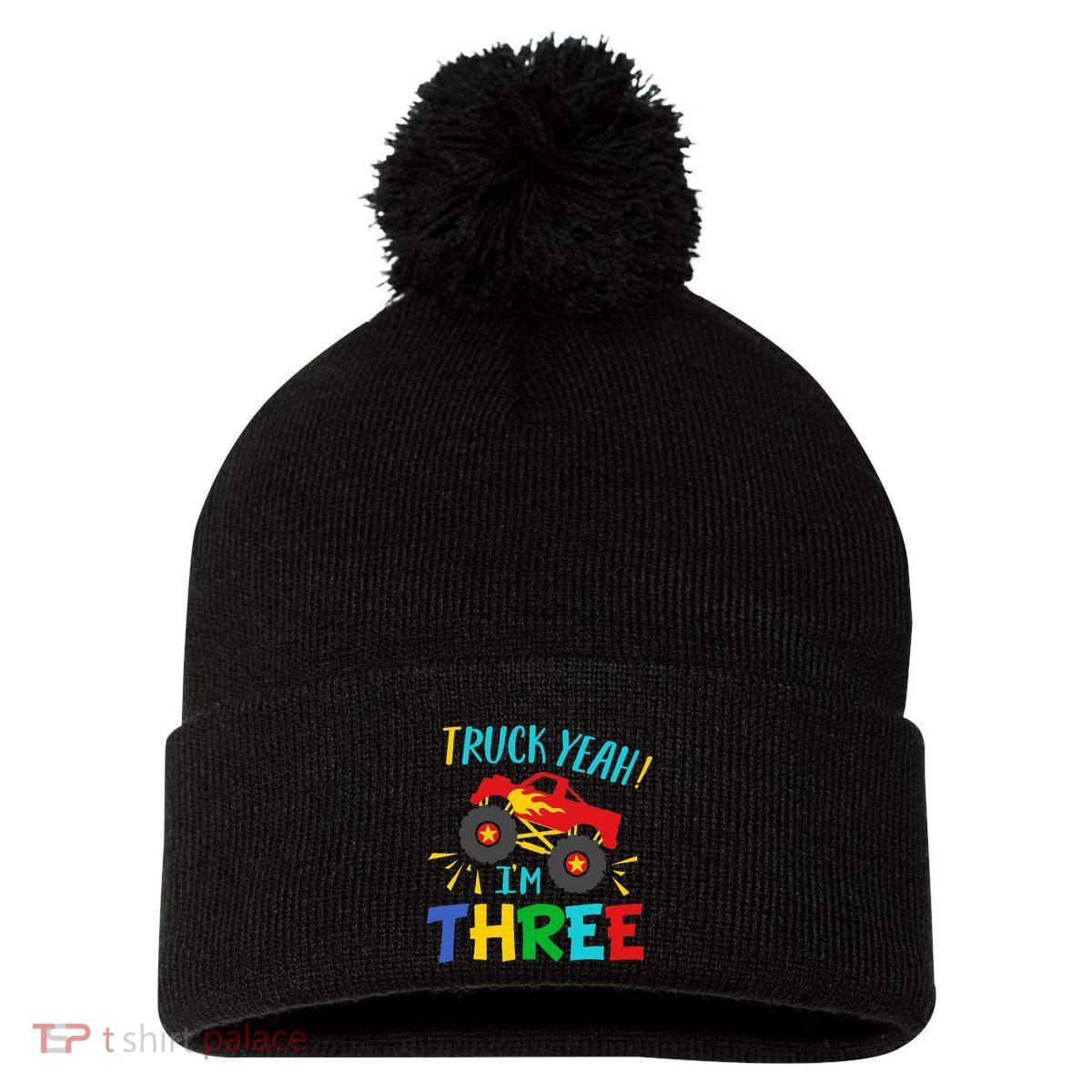 Kids 3 Years Old Birthday Gift Truck Yeah Im Three Funny Pom Pom 12in Knit Beanie