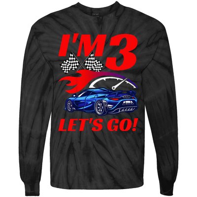 Kids 3 Year Old 3rd Racing Racecar Birthday Party Tie-Dye Long Sleeve Shirt