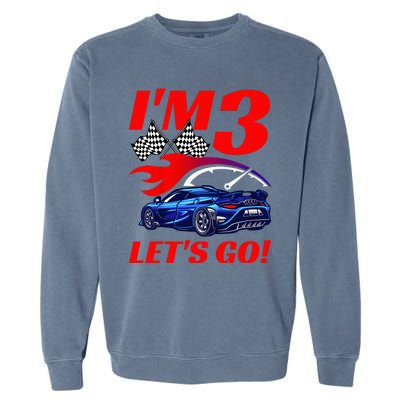 Kids 3 Year Old 3rd Racing Racecar Birthday Party Garment-Dyed Sweatshirt