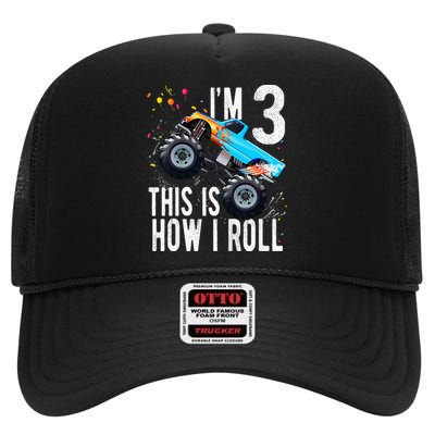 Kids 3 Year Old 3rd Birthday Boy Monster Truck Car High Crown Mesh Back Trucker Hat