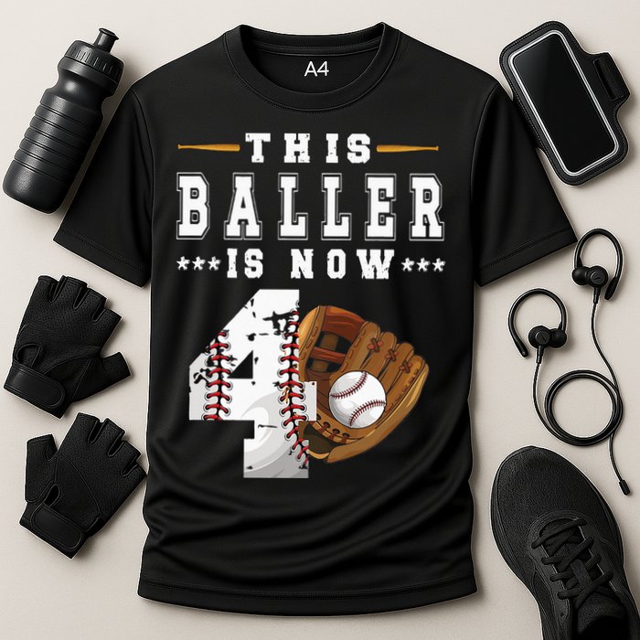 Kids 4th Birthday Baseball Boy Four Year Old Baseball Player Cooling Performance Crew T-Shirt