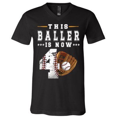 Kids 4th Birthday Baseball Boy Four Year Old Baseball Player V-Neck T-Shirt