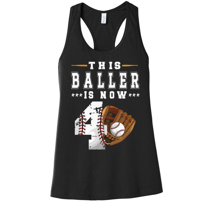 Kids 4th Birthday Baseball Boy Four Year Old Baseball Player Women's Racerback Tank