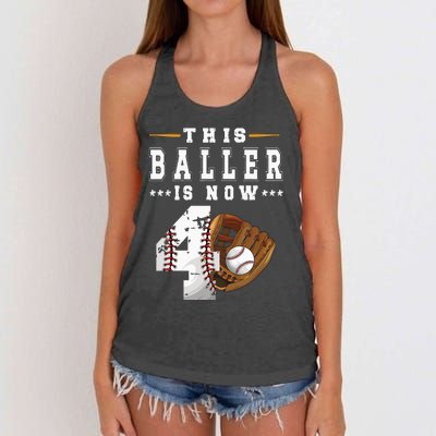 Kids 4th Birthday Baseball Boy Four Year Old Baseball Player Women's Knotted Racerback Tank