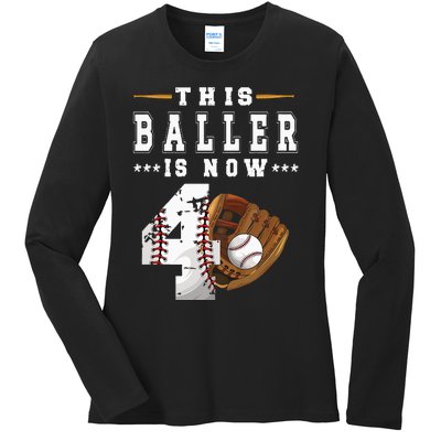 Kids 4th Birthday Baseball Boy Four Year Old Baseball Player Ladies Long Sleeve Shirt