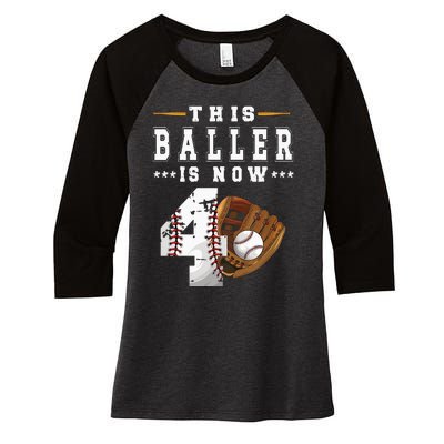 Kids 4th Birthday Baseball Boy Four Year Old Baseball Player Women's Tri-Blend 3/4-Sleeve Raglan Shirt