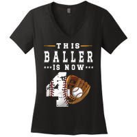 Kids 4th Birthday Baseball Boy Four Year Old Baseball Player Women's V-Neck T-Shirt