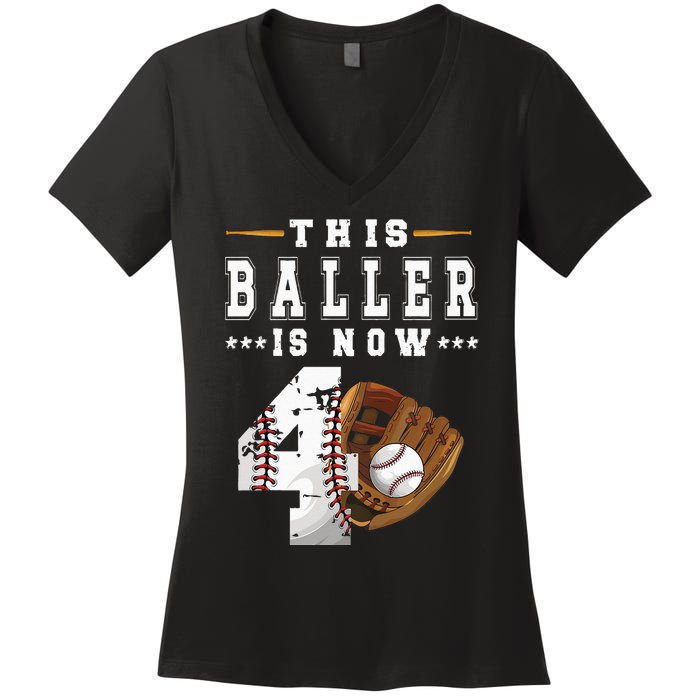 Kids 4th Birthday Baseball Boy Four Year Old Baseball Player Women's V-Neck T-Shirt