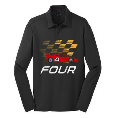 Kids 4th Birthday Race Car I Funny Four Years Old Boys Silk Touch Performance Long Sleeve Polo