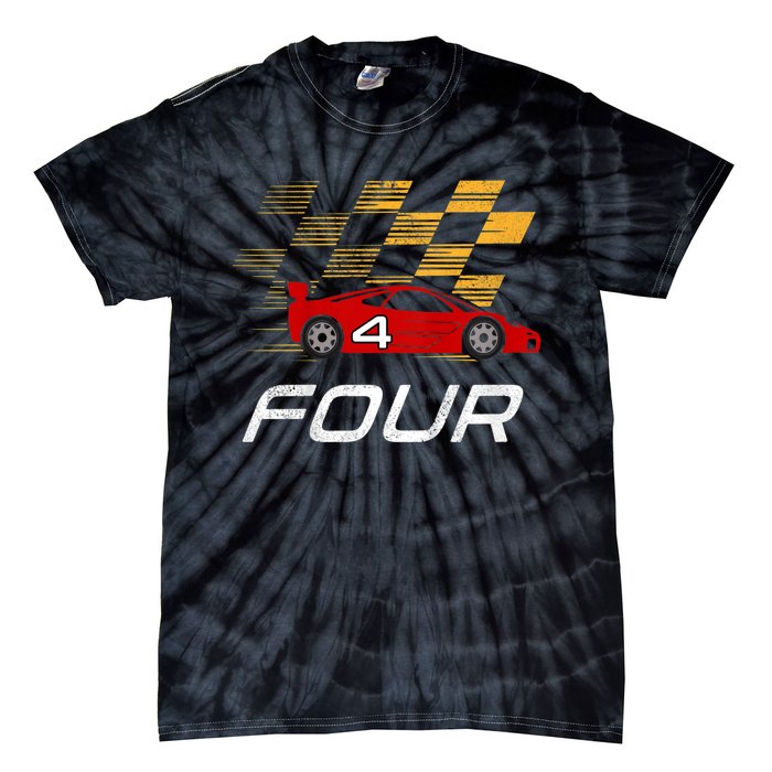 Kids 4th Birthday Race Car I Funny Four Years Old Boys Tie-Dye T-Shirt