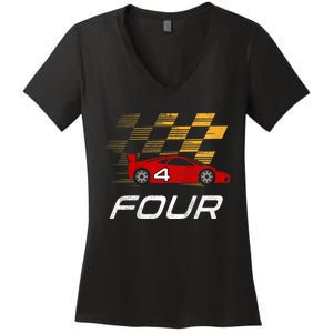 Kids 4th Birthday Race Car I Funny Four Years Old Boys Women's V-Neck T-Shirt